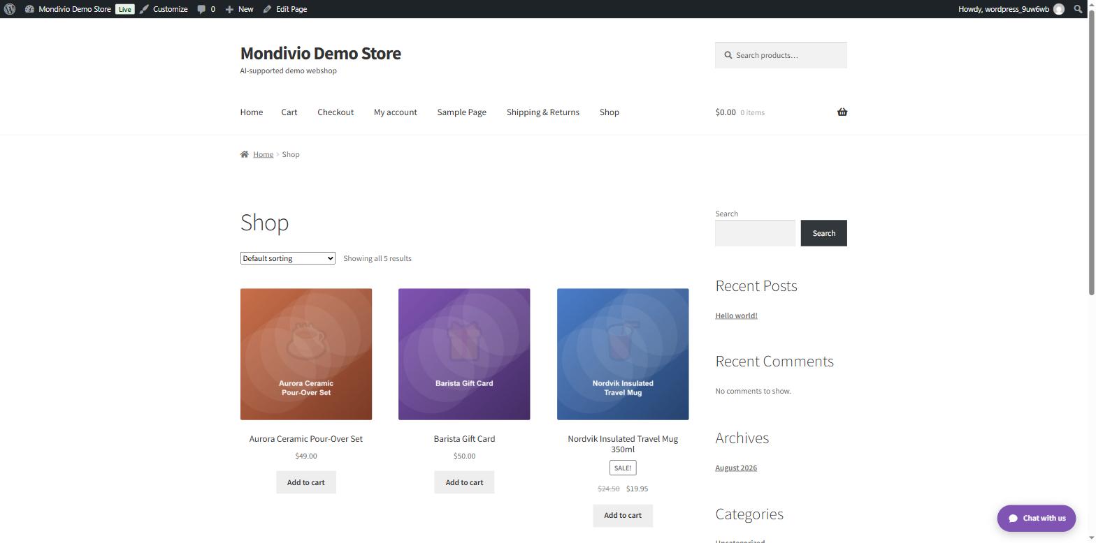 WooCommerce storefront with the AI Support Chat chat bubble in the bottom-right corner