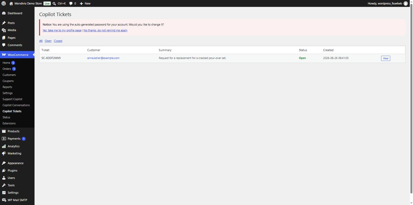 Copilot Tickets inbox in WordPress admin with an open support ticket and reference number