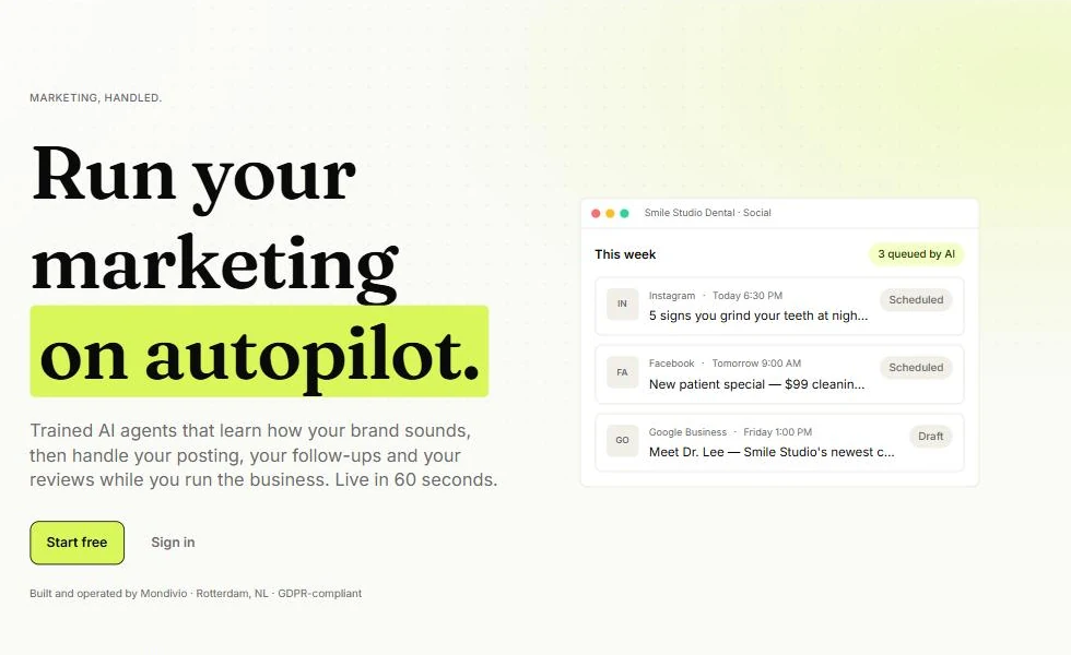 The IntellyPilot homepage: &ldquo;Run your marketing on autopilot&rdquo;, beside a week of scheduled posts queued by AI.
