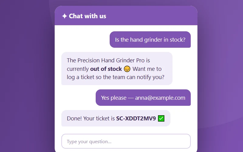 The AI Support Chat widget answering a stock question and logging support ticket SC-XDDT2MV9.