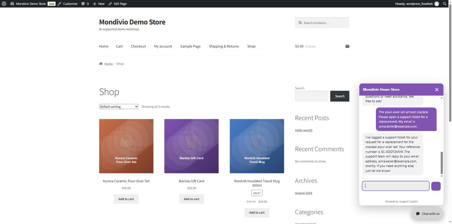 Support Copilot handling a damaged item and logging a support ticket, live on a WooCommerce storefront