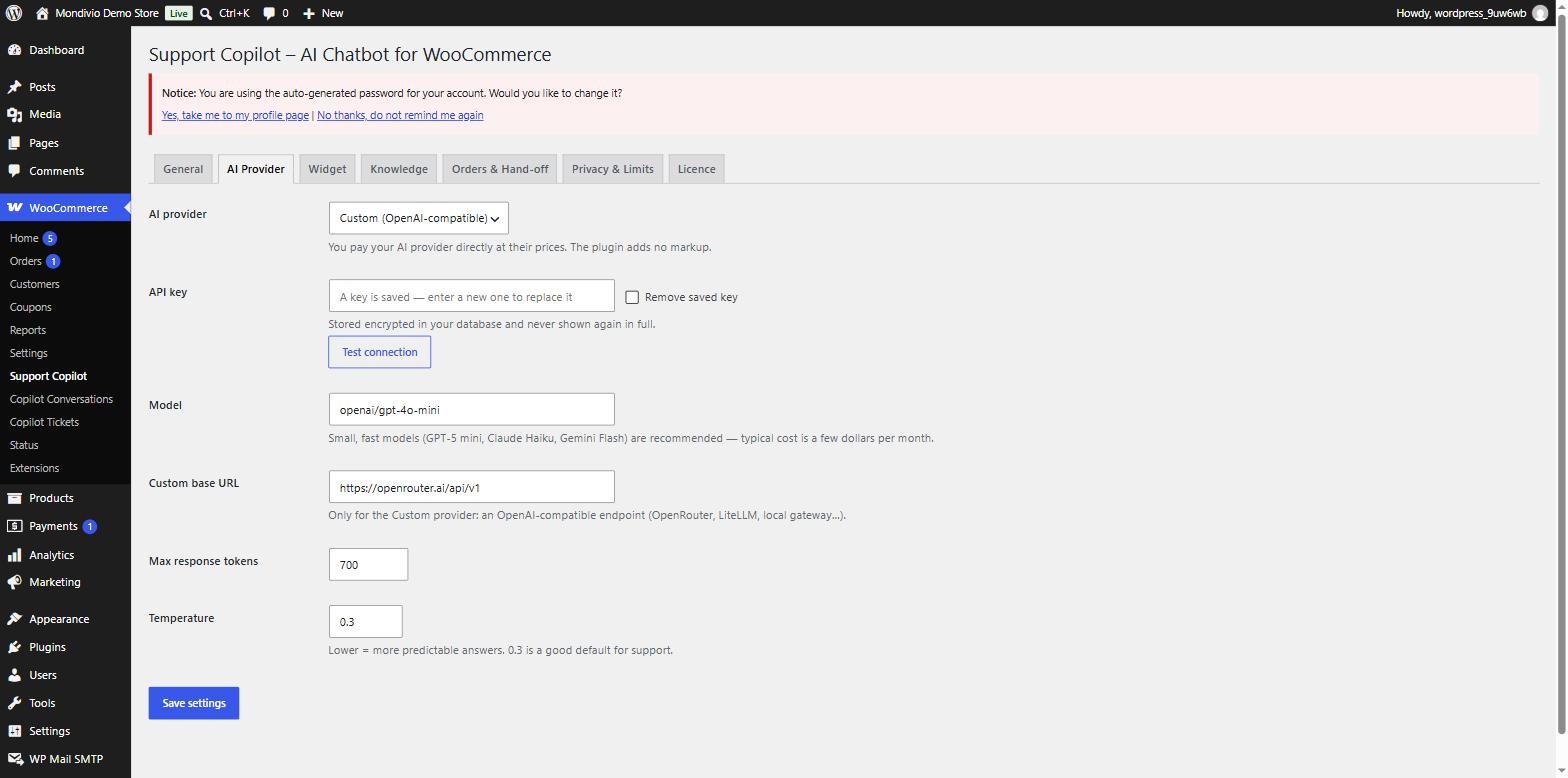Support Copilot settings: choose an AI provider and paste your key